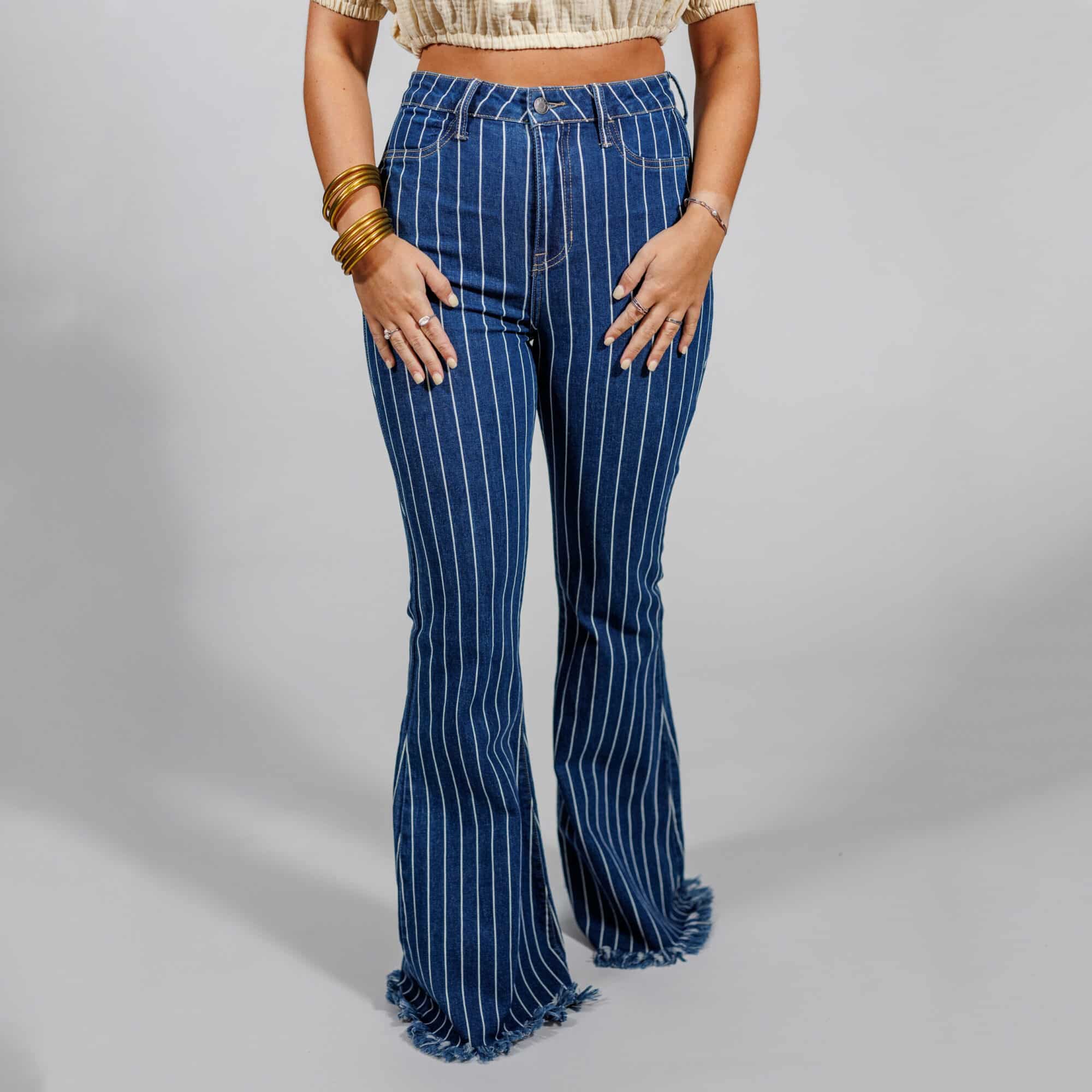 Denim and White Striped Flares